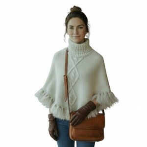 H&M Cream Gold Cableknit Turtleneck Poncho w Tassels girls 12-14 or women's XS